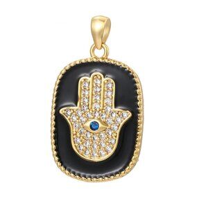 Gold, Crystal, & Black Enamel Hamsa Evil Eye Ward Nazar Pendant